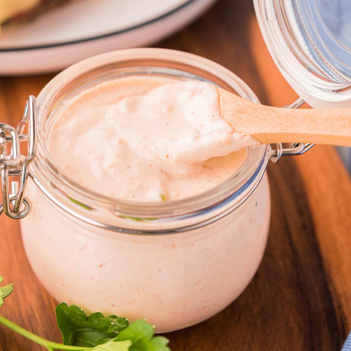 Homemade Russian Dressing in a glass container.