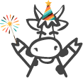 cow holding sparkler with a colorful party hat on