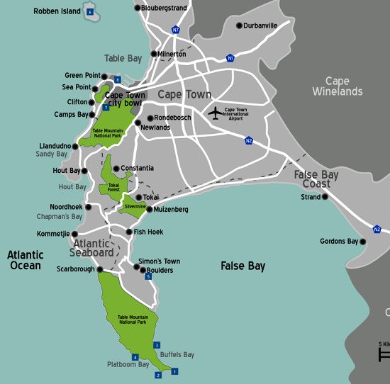 Map of the Cape Peninsula showing the lay-out of the Table Mountain National Park - Table Mountain National Park near Cape Town in South Africa