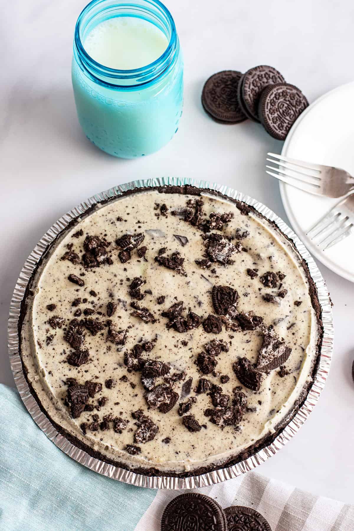 Mint Oreo Ice Cream Pie and glass of milk