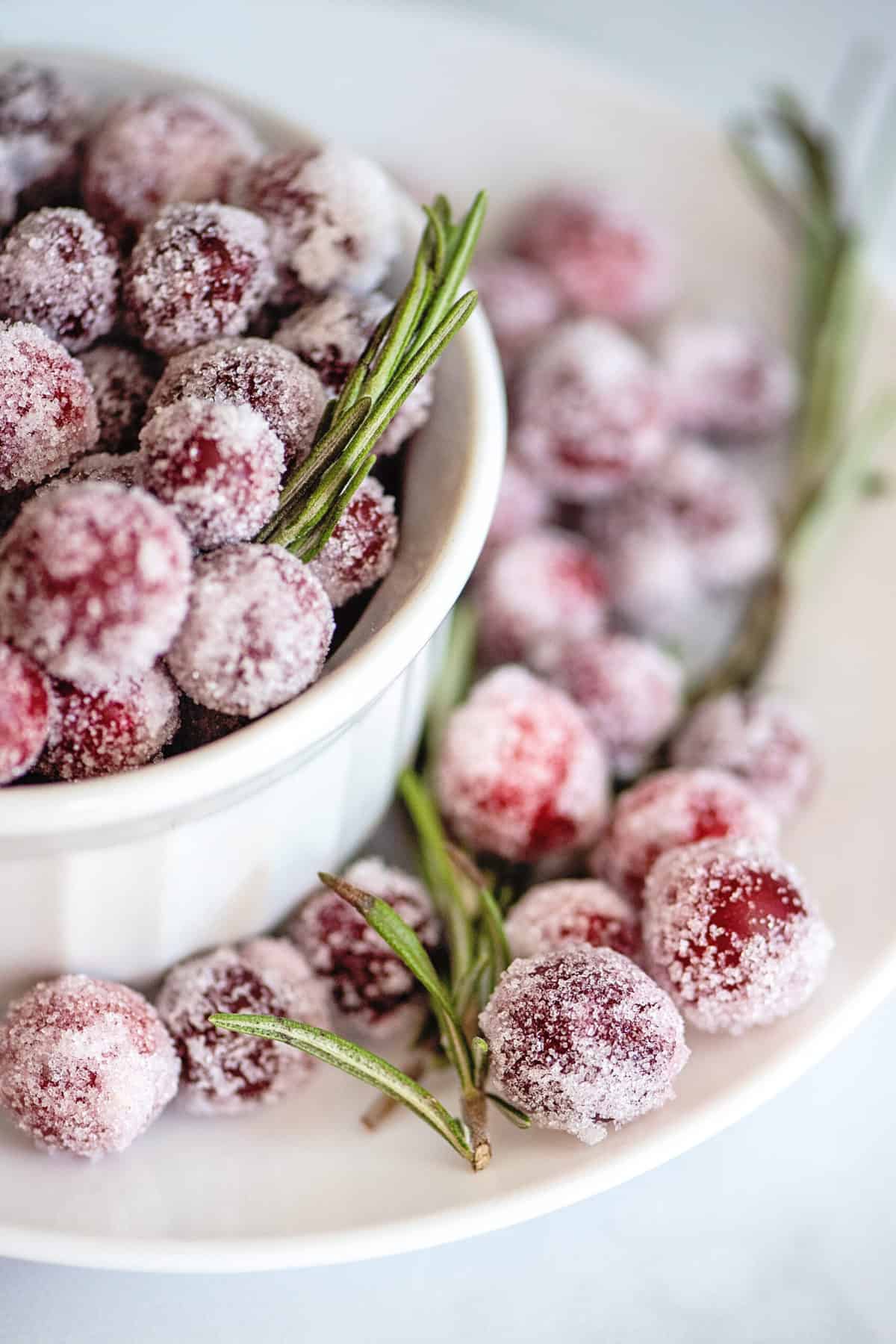 Bowl of sugared cranberries.