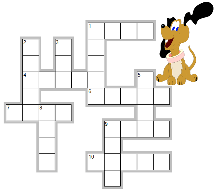 Crossword puzzle diagram and happy dog, from our Sight Word Crossword on www.spelling-words-well.com