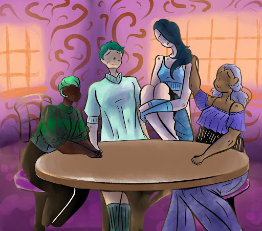 The Harkness Discussion method utilizes a roundtable, around which students must lead discussions while the teacher observes.  Art by Addison Lombardi