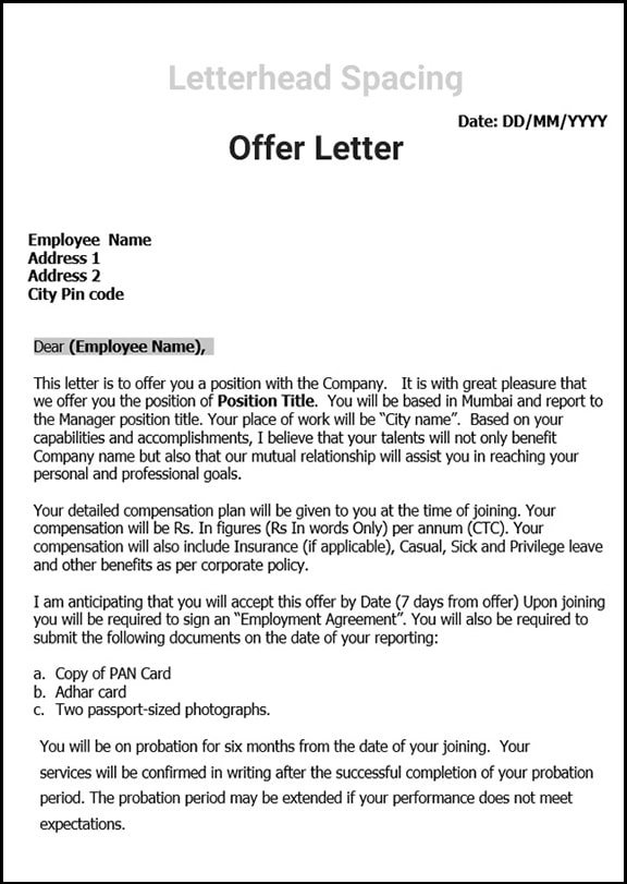 Hr Offer Letter Sample