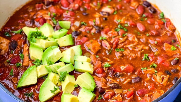 leftover turkey chili in a purple Dutch oven