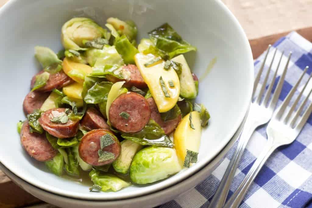 Beer-Glazed Sausage with Brussels Sprouts and Apples