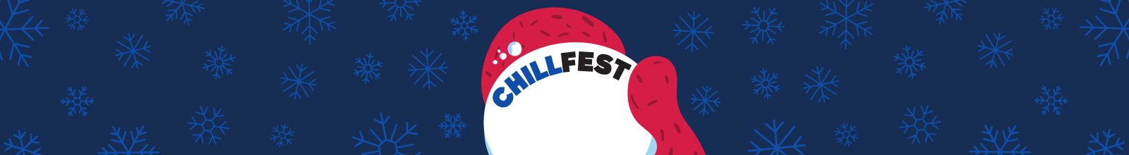 A red mitten holding a snowball that says "Chillfest" on a blue background with snowflakes. 