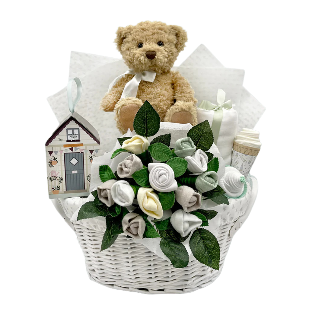 Bear & Bouquet Neutral Gender Gift Basket | Stork Baby Gifts ...