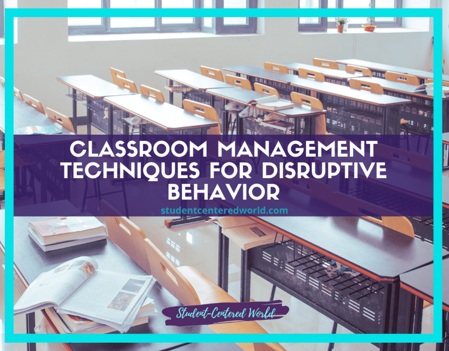 An empty classroom with desks and chairs neatly arranged. Open books are placed on the desks. Text overlay reads: Classroom Management Strategies for Disruptive Behavior from studentcenteredworld.com.