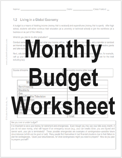 Monthly Budget Worksheet - For high school Economics students. Free to print (PDF file).