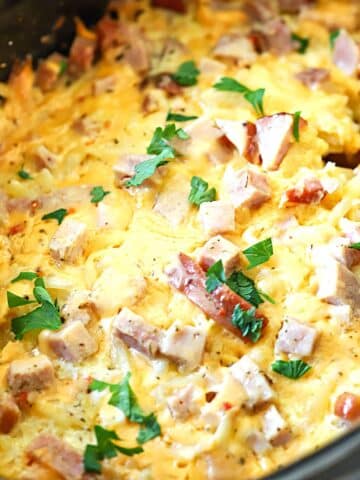 Cheesy breakfast casserole in the crockpot.