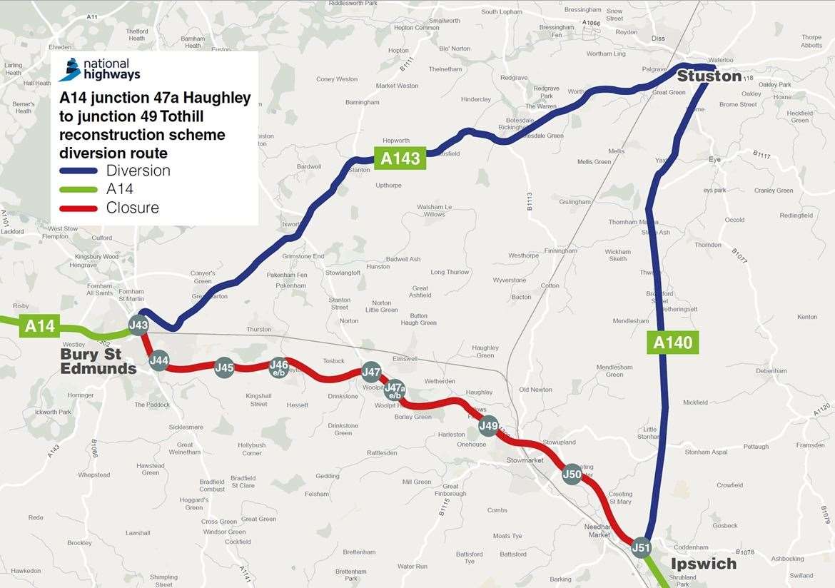 Suffolk A14 closures and diversions warning for Haughley to Tot Hill ...