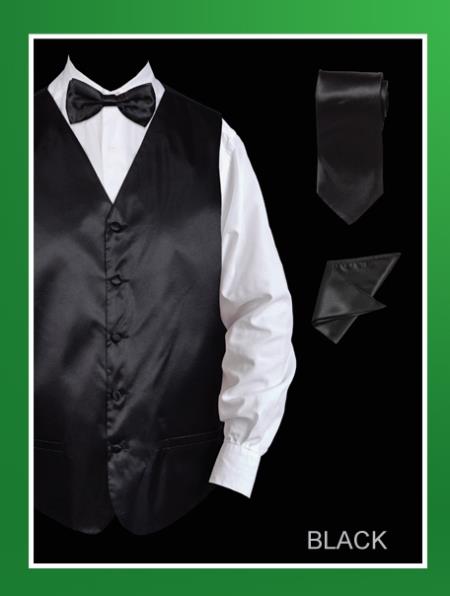 4 Piece Vest Set (Bow Tie, Neck Tie, Hanky) - Satin Liquid Jet Black 