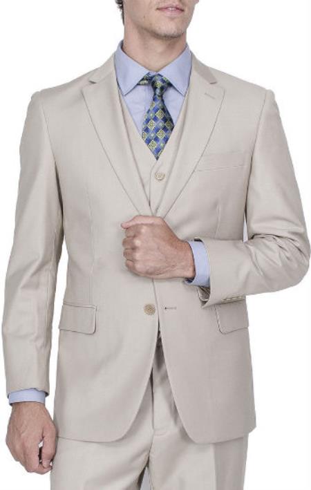 Notched Lapel 2-Button Front Vested Suit Solid Beige 