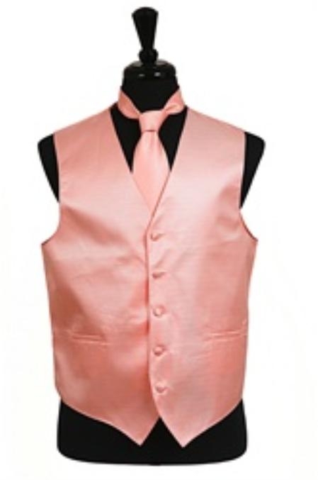 Horizontal Rib Pattern Vest Tie Set Peach 