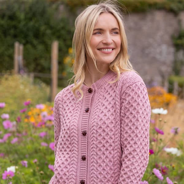 Irish Aran Lumber Cardigan Rose