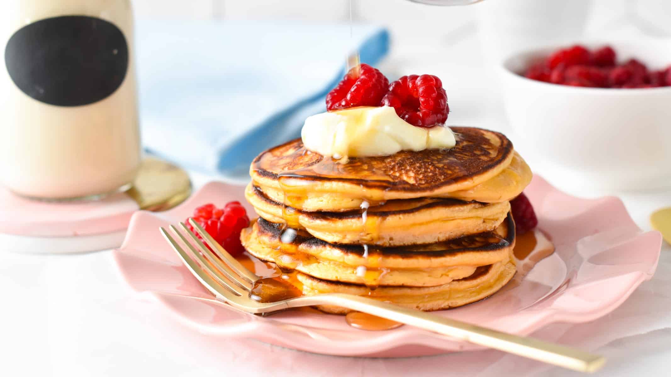 These 3 ingredient Protein Pancakes are the most easy flourless protein pancakes made from Greek yogurt. Plus, they are naturally gluten-free low in carbs, and packed with 47 g of protein for 4 pancakes.These 3 ingredient Protein Pancakes are the most easy flourless protein pancakes made from Greek yogurt. Plus, they are naturally gluten-free low in carbs, and packed with 47 g of protein for 4 pancakes.