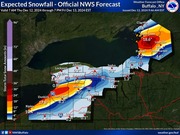 This National Weather Service graphic shows forecast snowfall amounts along the Great Lakes in Upstate New York from Thursday, Dec. 12, through Friday, Dec. 13, 2024. (Courtesy of the National Weather Service)