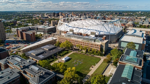 An aerial view of the Carrier Dome on the Syracuse University Campus