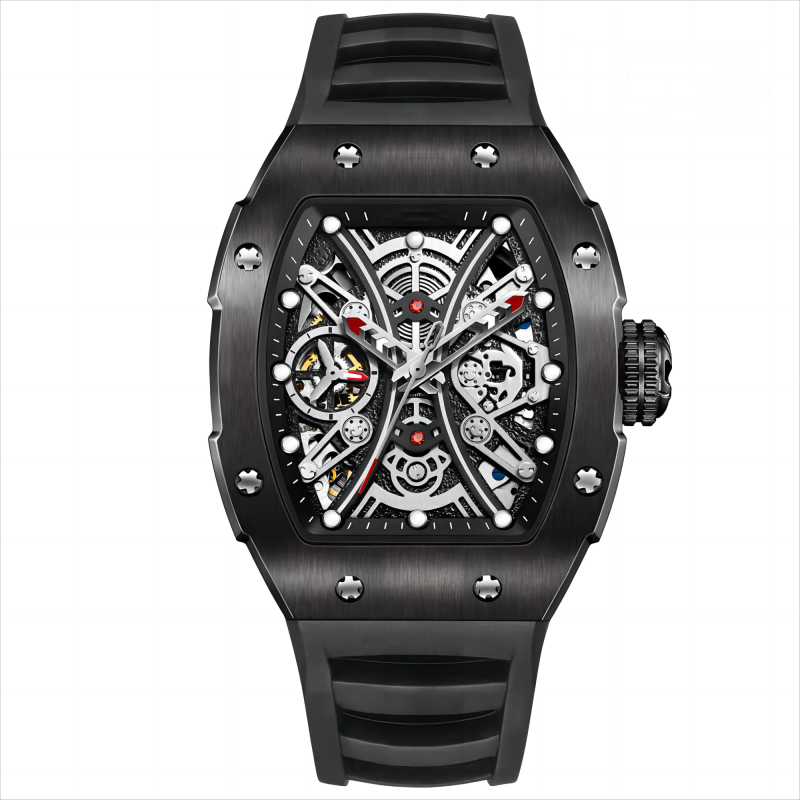 CMW-8038 Mens Skeleton Machine Automatic Black Fluorine rubber Watch Custom Logo