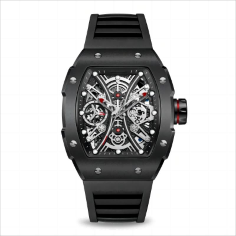 CMW-8037 Mens Skeleton Machine Automatic Red Fluorine rubber Watch Custom Logo