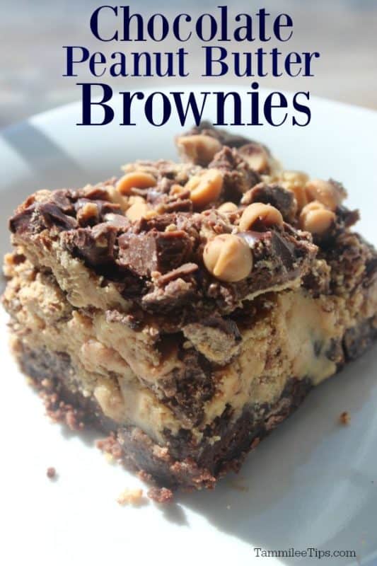 Chocolate Peanut Butter brownies text over a white plate with a square brownie