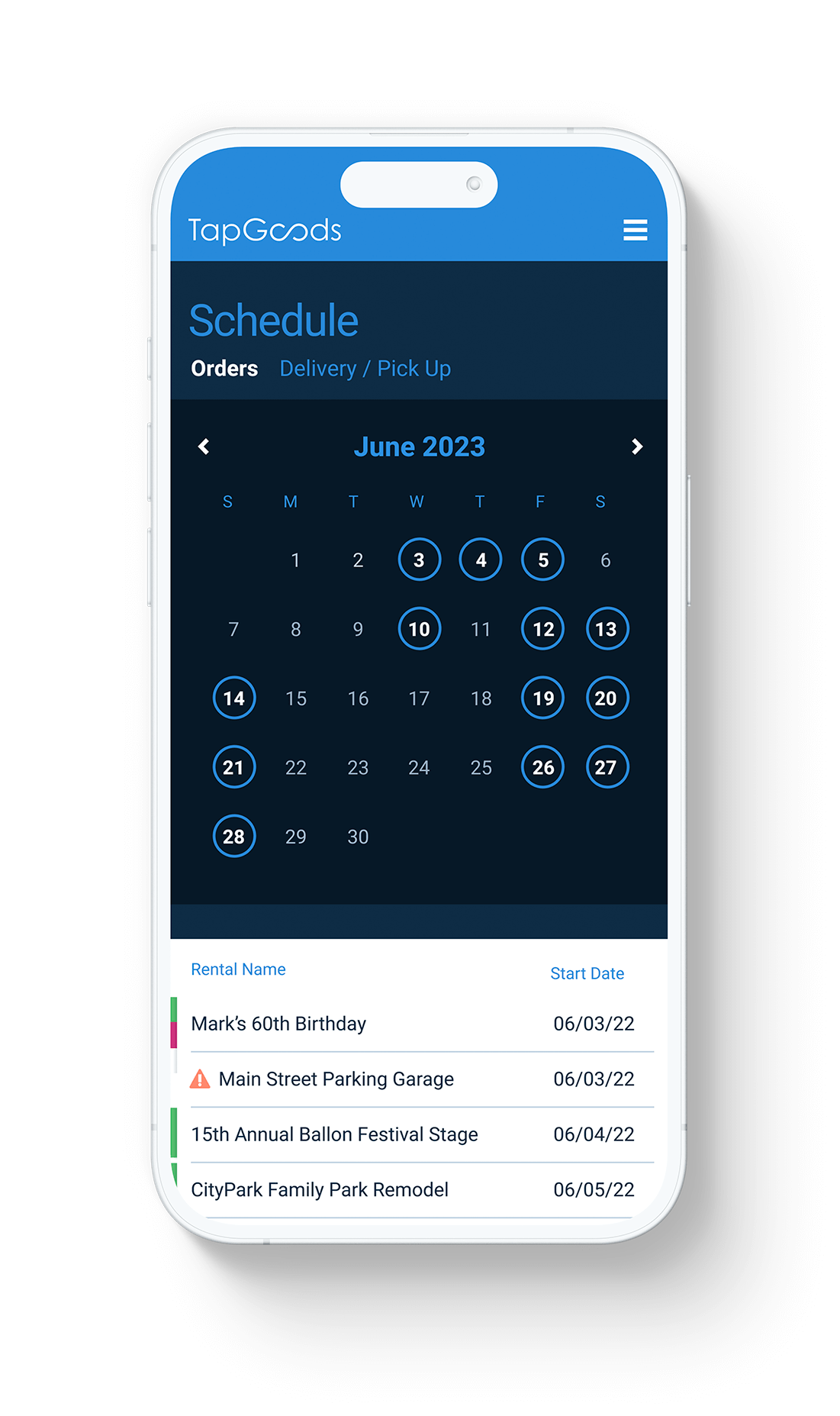 Rental Software Order Calendar on Phone