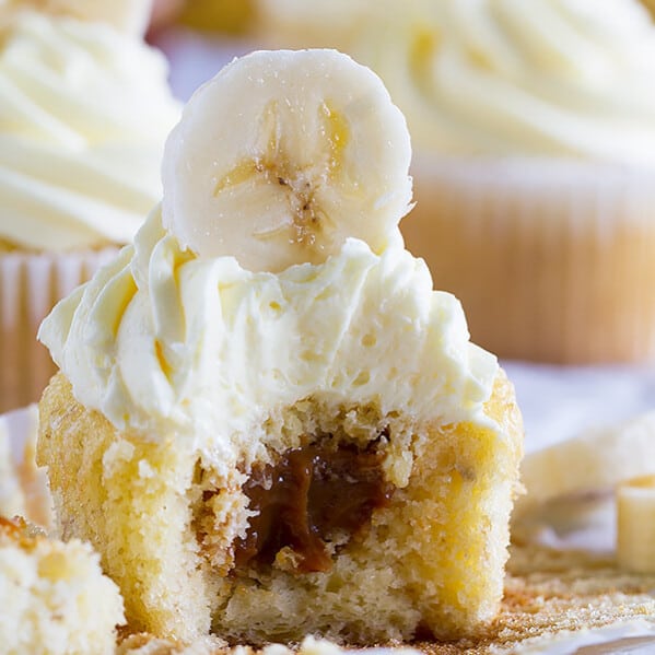 Bananas foster cupcake filled with dulce de leche.