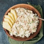 an overhead view of pineapple coleslaw with jalapeno peppers