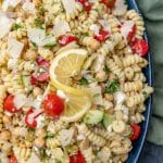 overhead view of chickpea pasta salad on a plate