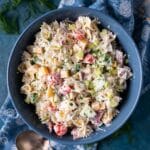 overhead view of a bowl of bowtie pasta salad