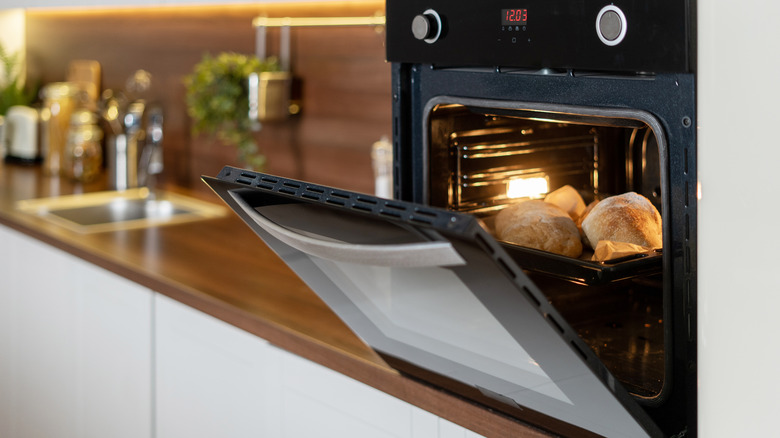 Bread in open oven 