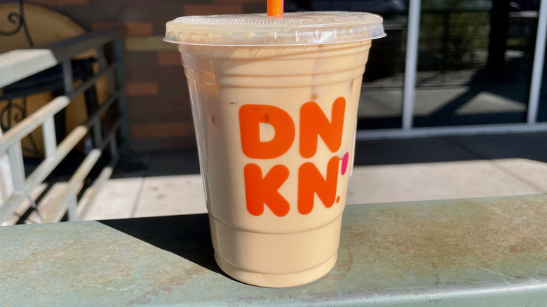 Iced cappuccino on metal railing