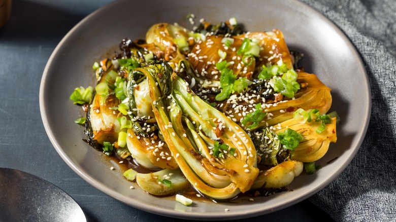 Marinated bok choy on plate