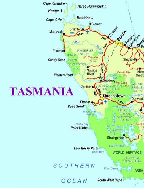 West Coast Tasmania Map