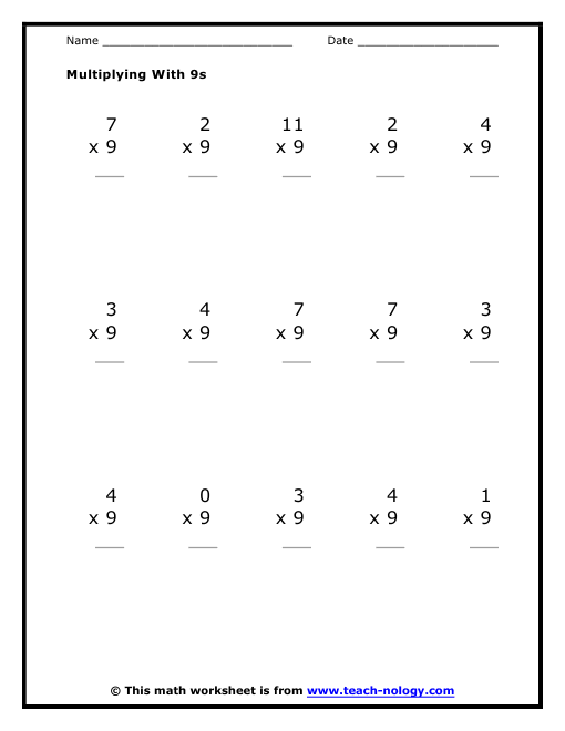 Multiplication by Nines Worksheet