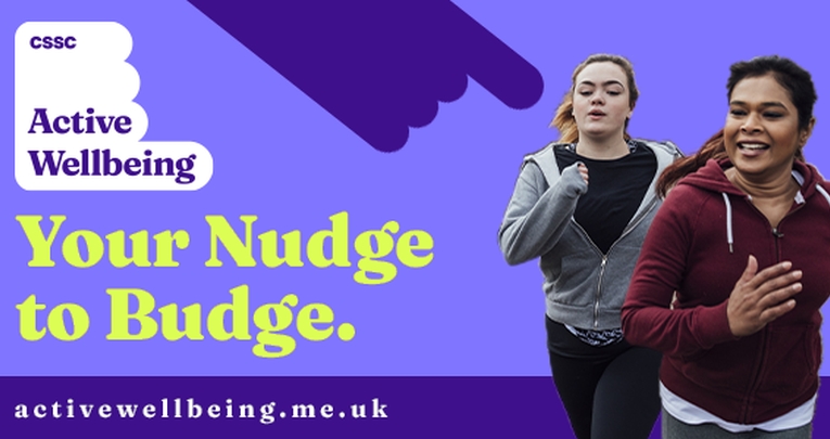 Two teenage girls running next to the words, Your Nudge to Budge