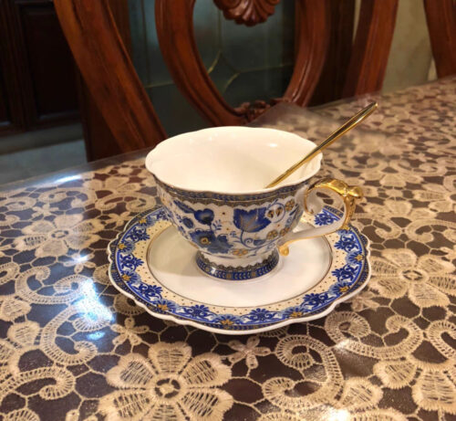 Vintage Tea Cup and Saucer Set Porcelain Blue White photo review