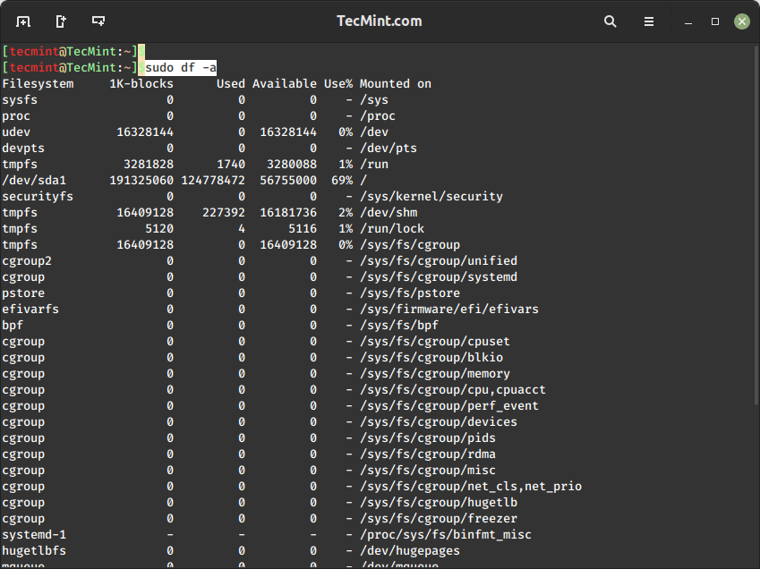 Show Information of Disk Space Usage