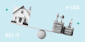 Weighing scale infographic showing house, coins