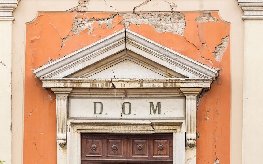 A damaged building is seen in San Felice