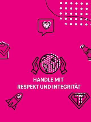 Icons und ein Schriftzug: Handle mit Respekt und Integrität