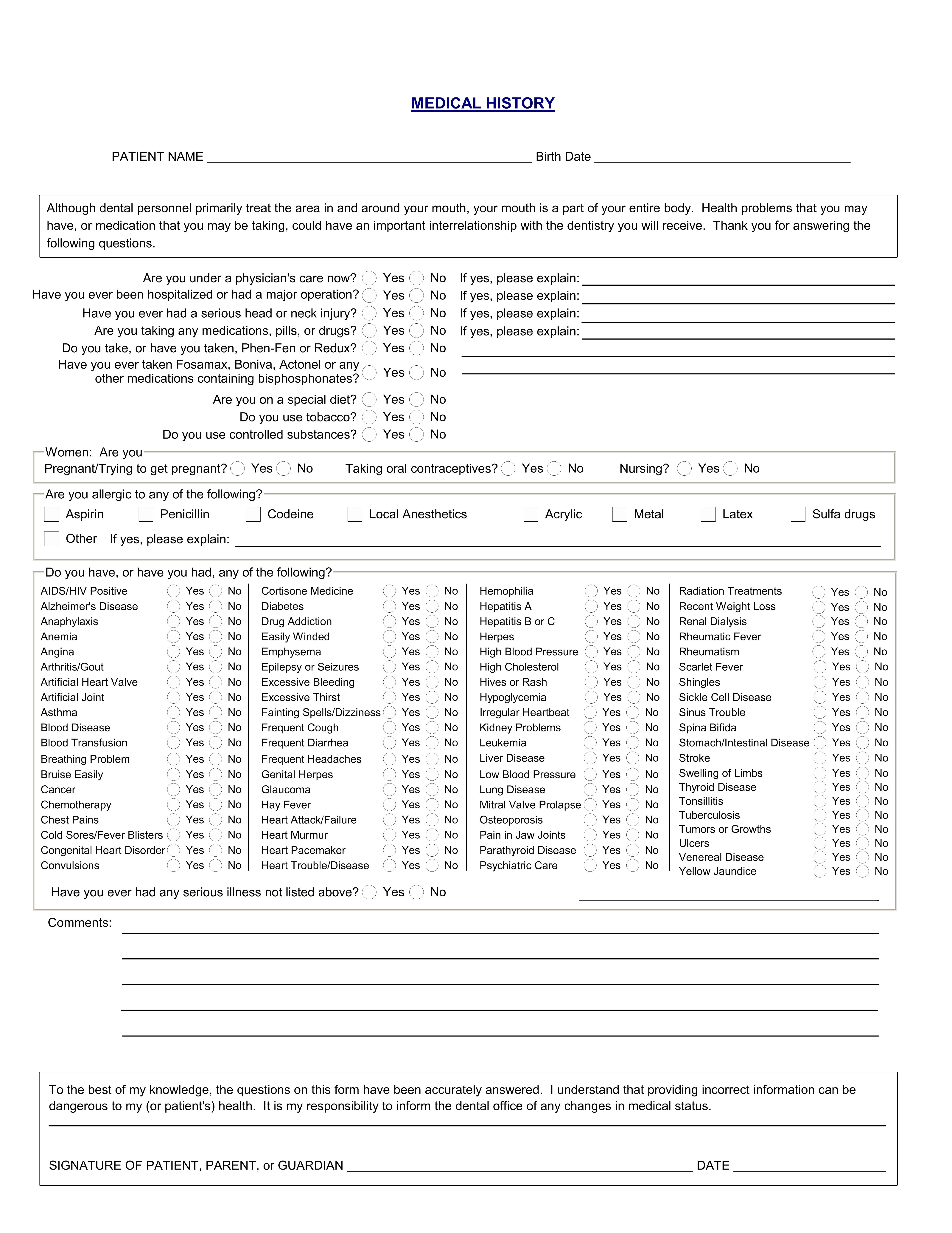 Sample Dental Medical History Questionnaire at Dannette Morris blog