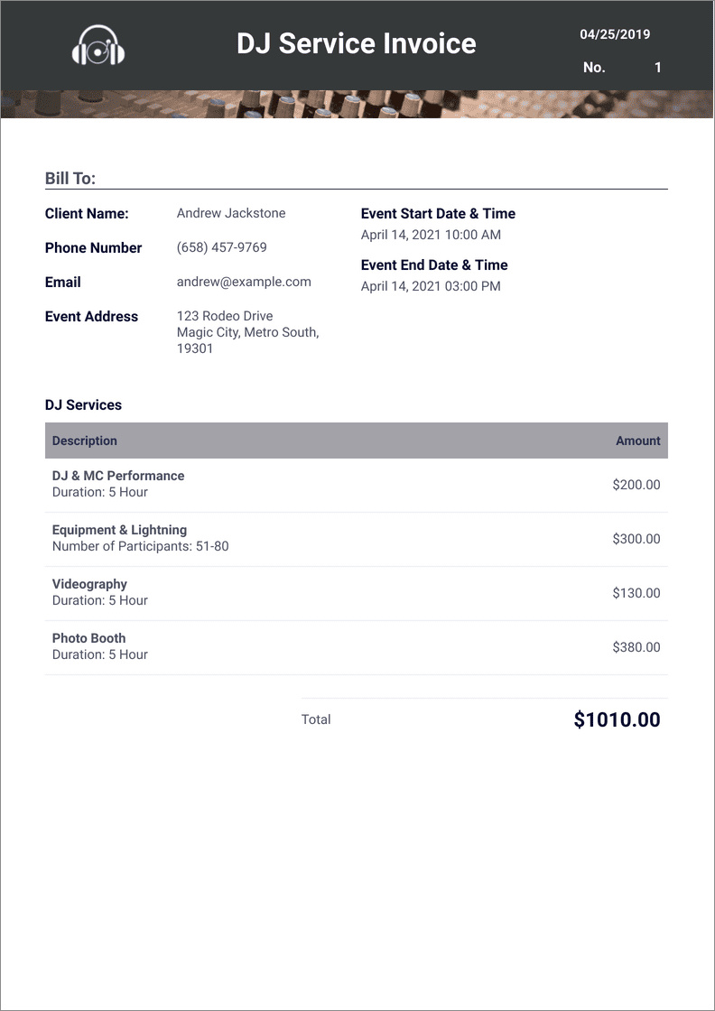 DJ invoice template sample