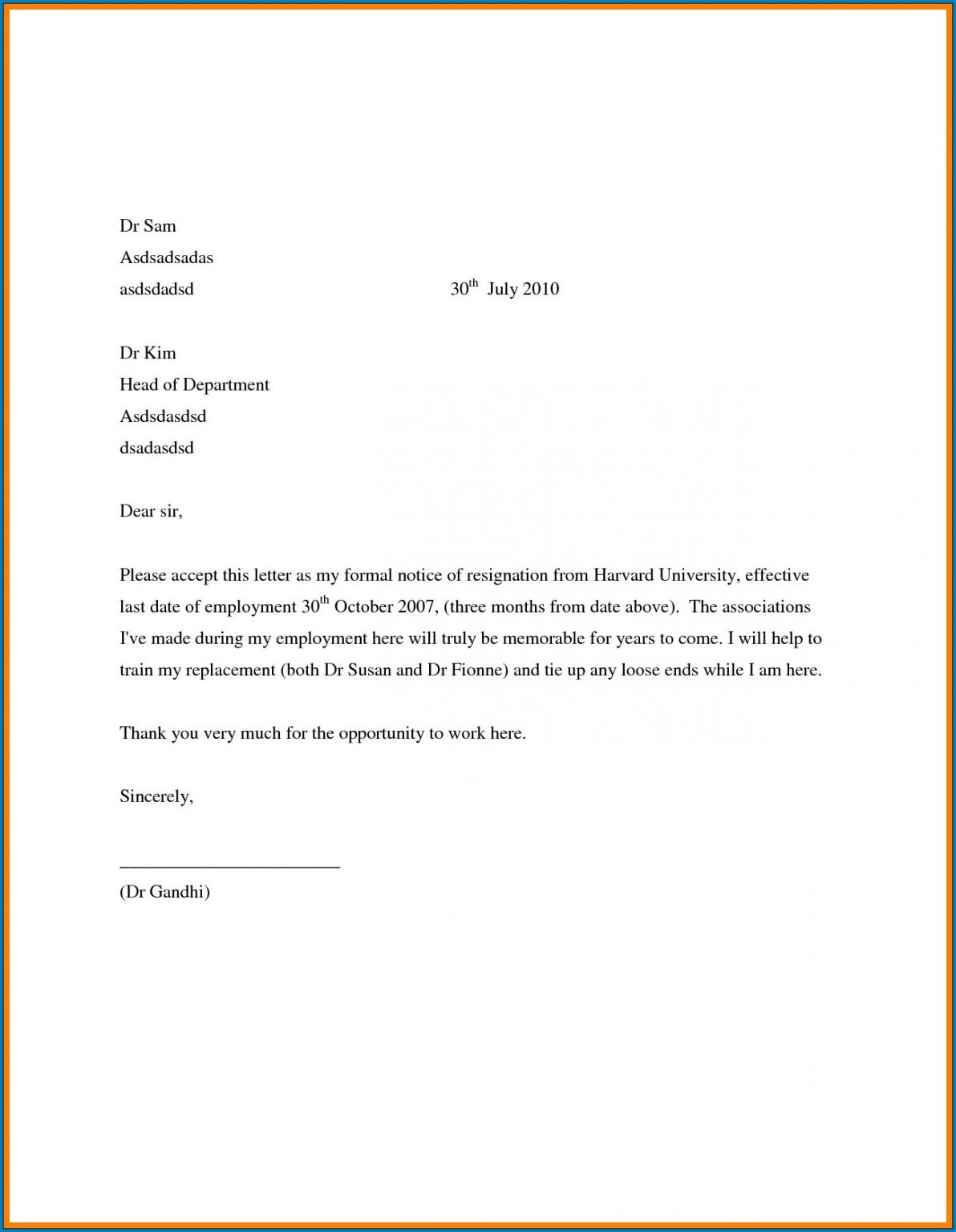 Employee Resignation Form Template