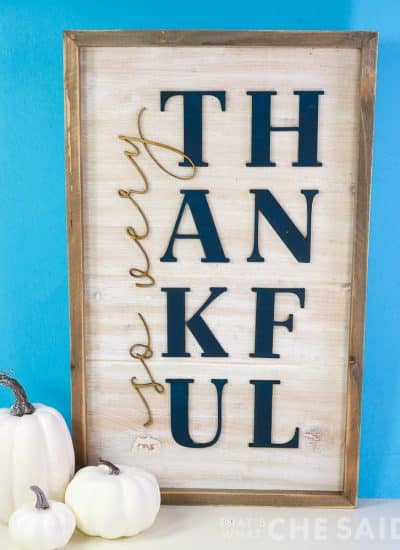 So very thankful sign on blue background with white pumpkins