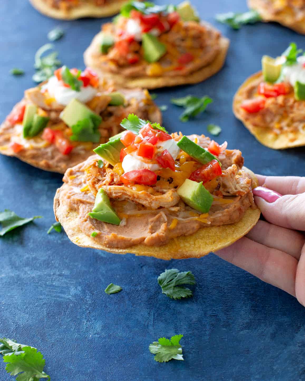 Chicken Tostadas on a blue background