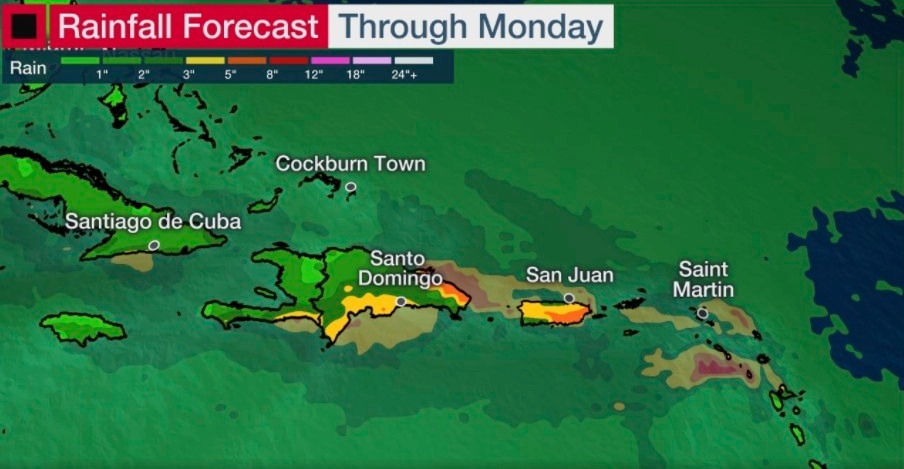 Parts of island nations in the Caribbean are expected to see up to eight inches of rainfall through Monday