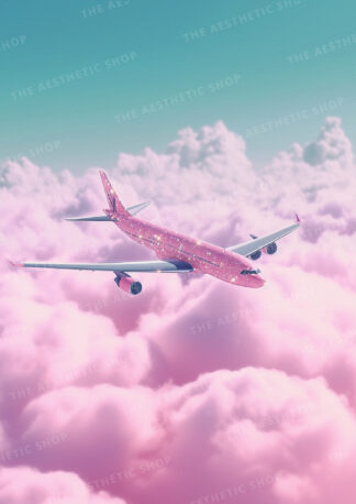 High resolution AI generated aesthetic image of a sparkly pink airplane flying in a pink sky