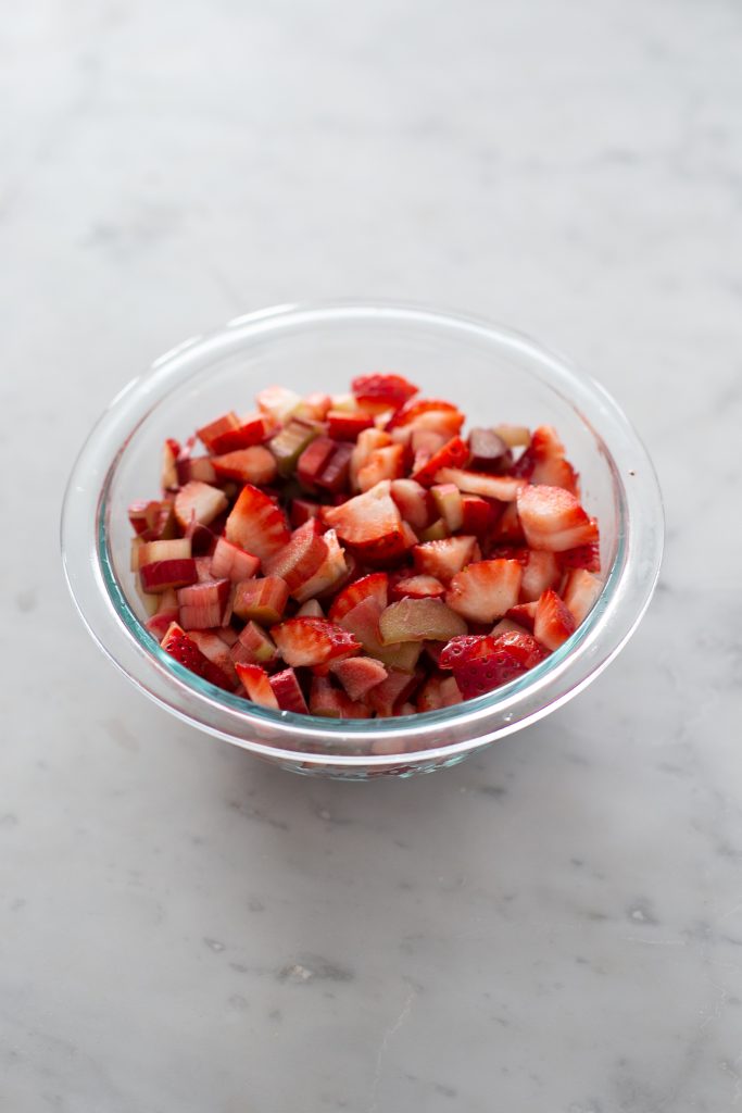 Sliced strawberries and rhubarb